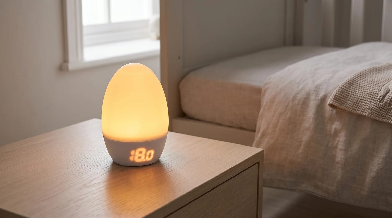 An egg-shaped nursery night light with a digital thermometer sits on a wooden bedside table, casting a warm glow next to a child's bed.