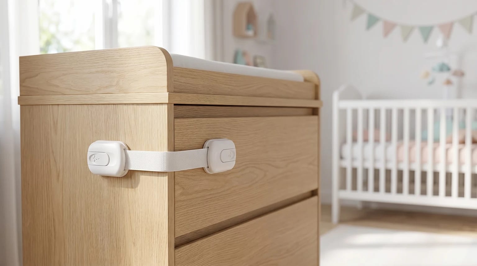 A white child-proof safety strap fitted to the top drawer of a light wood changing unit in a nursery.