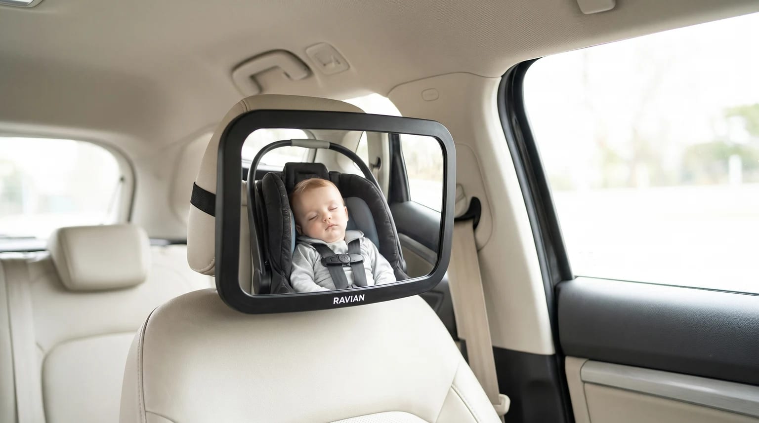 A RAVIAN baby car mirror strapped to a rear headrest reflects a baby sleeping in a rear-facing car seat.
