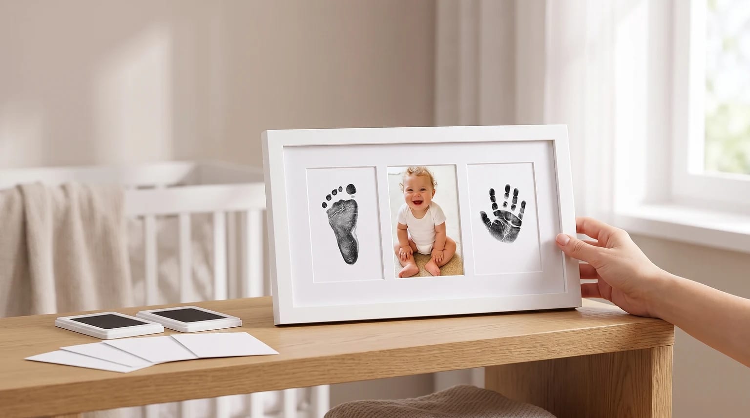 A white keepsake frame on a wooden surface, displaying a baby's footprint, a happy photo, and a tiny handprint in three panels.