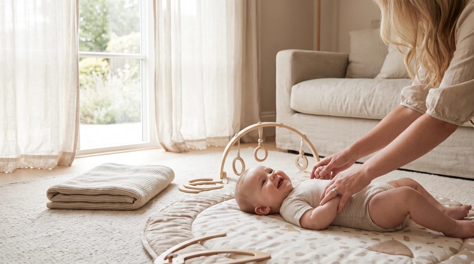 A baby lies on a patterned play mat in a sunlit room while an adult gently plays with them.