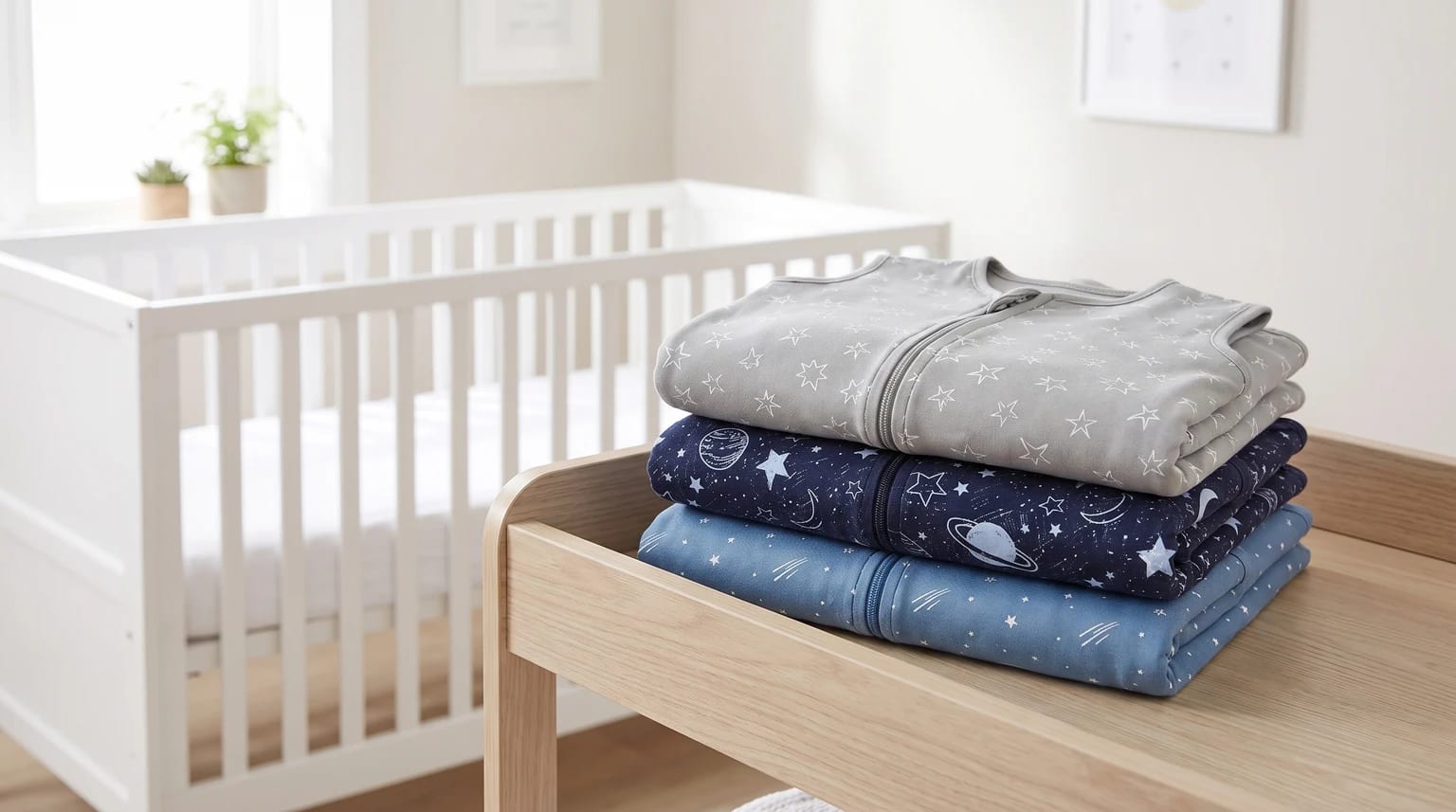 A neat stack of three star-patterned baby sleeping bags in grey and blue, sitting on a wooden changing table in a nursery.
