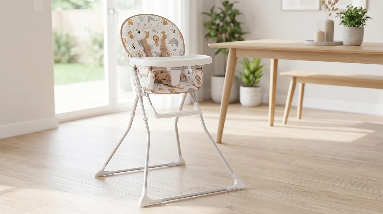 A white high chair with a safari animal print seat, standing on a light wood floor in a modern dining room.