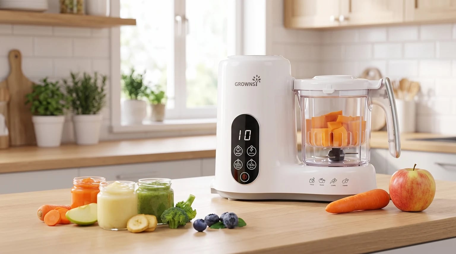A white GROWNSY baby food maker on a kitchen worktop, surrounded by fresh fruit, vegetables, and three jars of colourful homemade baby purée.