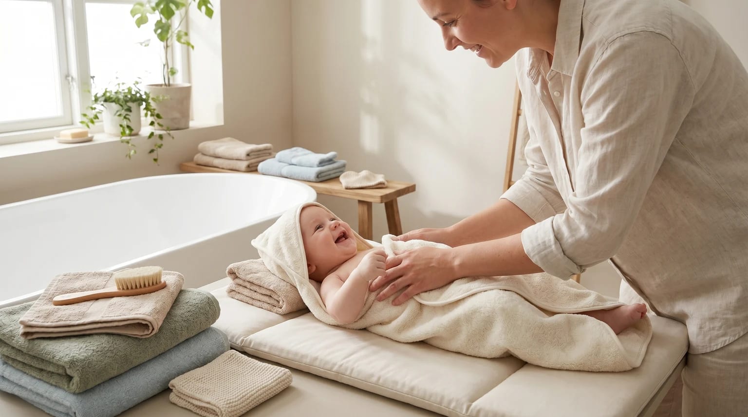 A parent gently wraps a smiling baby in a hooded towel on a changing mat in a bright, sunlit bathroom.