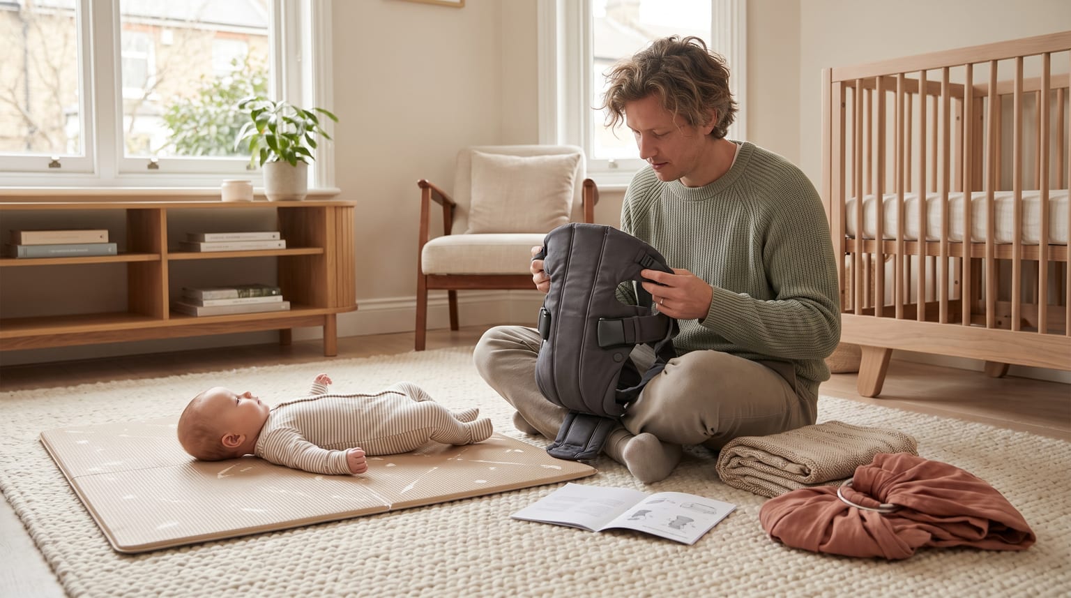 A father sits on a rug in a nursery, examining a baby carrier with an instruction booklet. His baby lies on a play mat beside him.