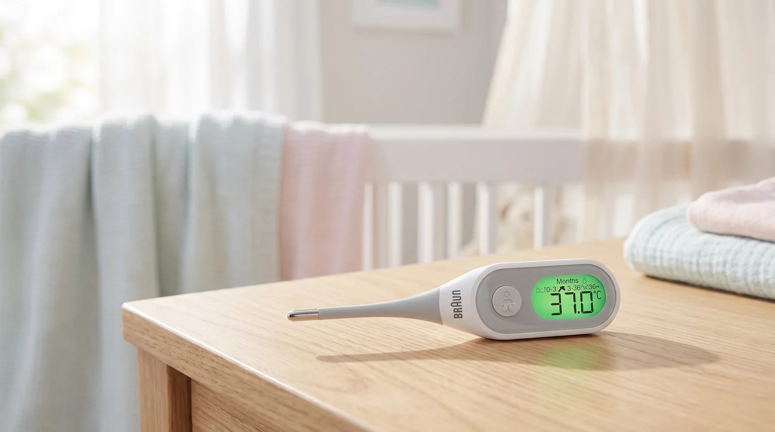 A Braun digital stick thermometer on a wooden table in a nursery, its green-lit screen showing a temperature of 37.0°C.