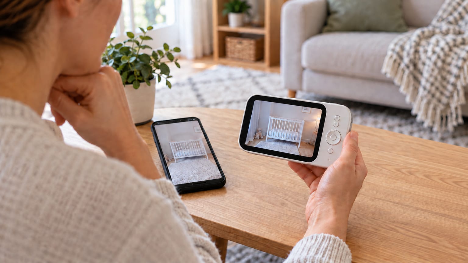 Parent comparing a dedicated baby-monitor screen with a smartphone in a bright living room.