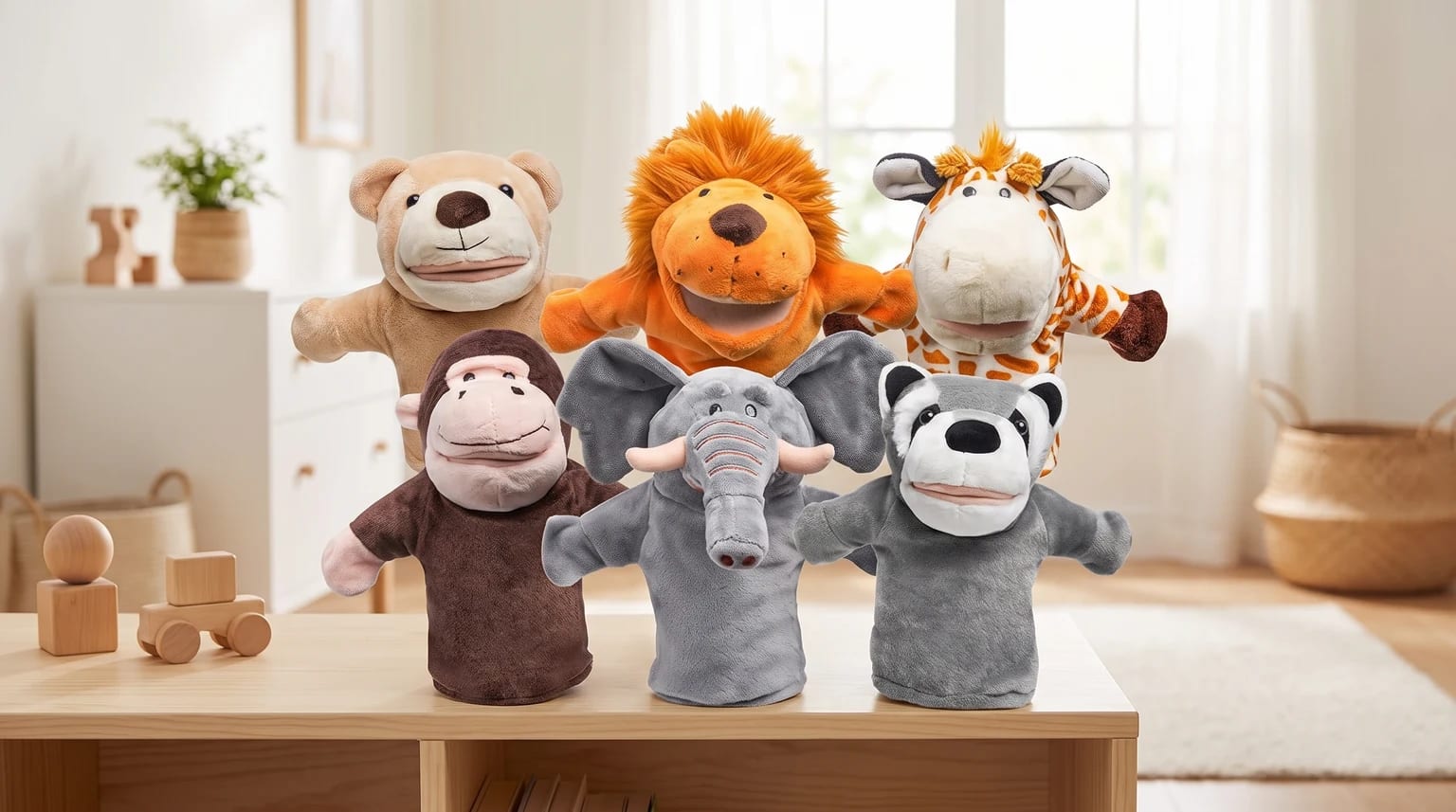 A group of six friendly animal hand puppets, including a lion, giraffe, and a grey elephant, set up on a wooden table in a child's playroom.