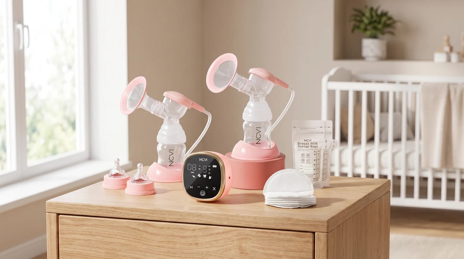 A pink double electric breast pump set, including storage bags and breast pads, arranged on a wooden dresser in a calm nursery setting.