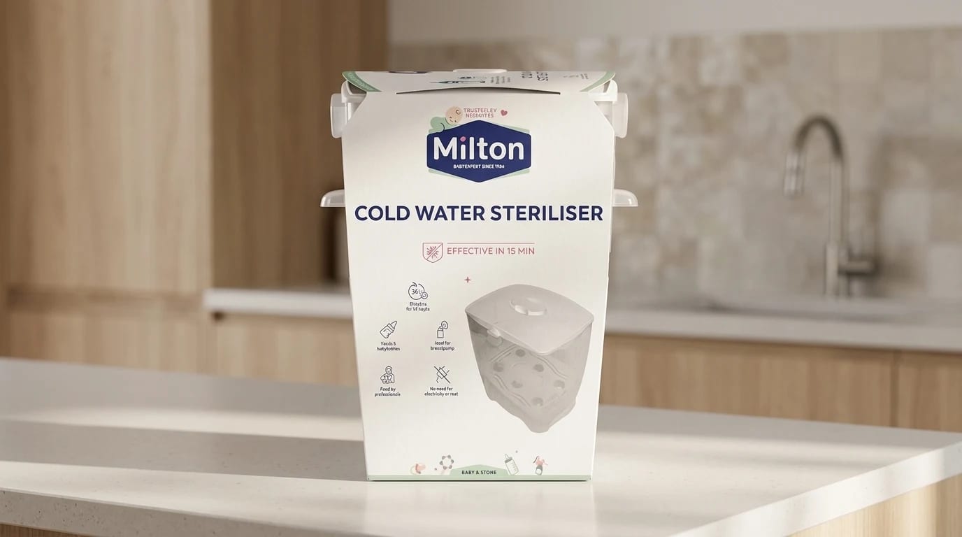 The Milton cold-water steriliser retail packaging standing on a bright kitchen worktop.