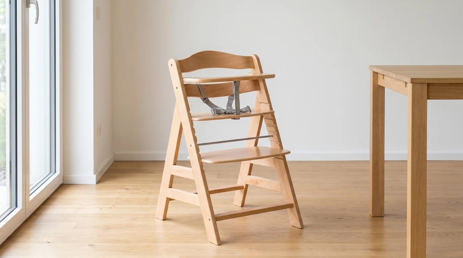 A light wood adjustable high chair with a grey harness, standing on a wooden floor next to a matching dining table.