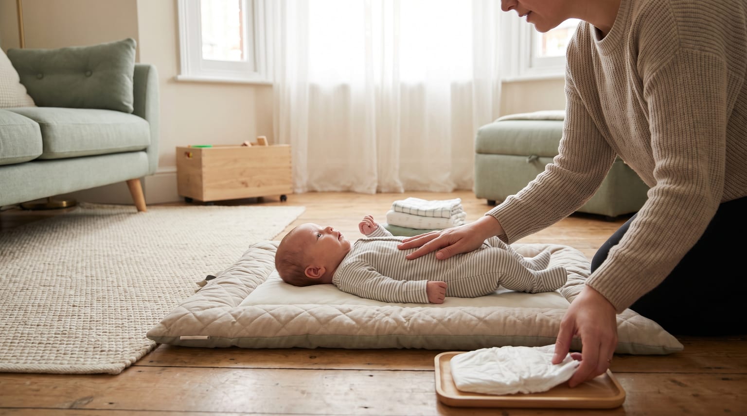 A parent keeps one hand on a fully clothed newborn while reaching for a clean nappy beside a floor-level changing mat.