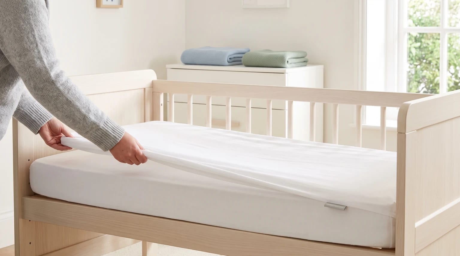 A person wearing a grey jumper fits a white sheet onto a mattress in a light-coloured wooden cot.