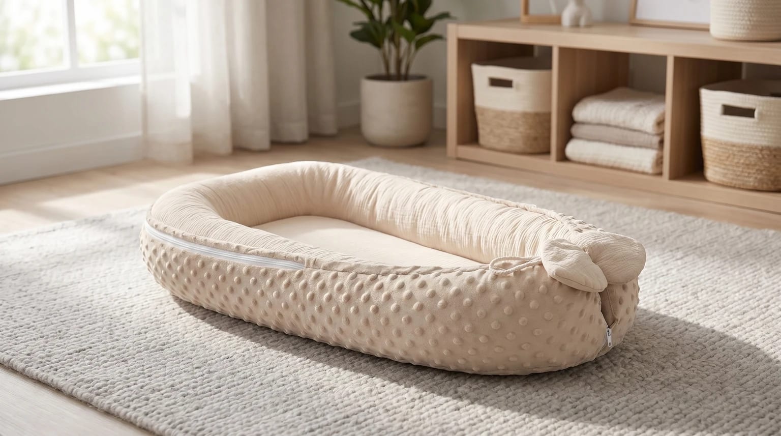 A beige baby nest pod with a dimpled texture sitting on a grey woven rug in a brightly lit room.