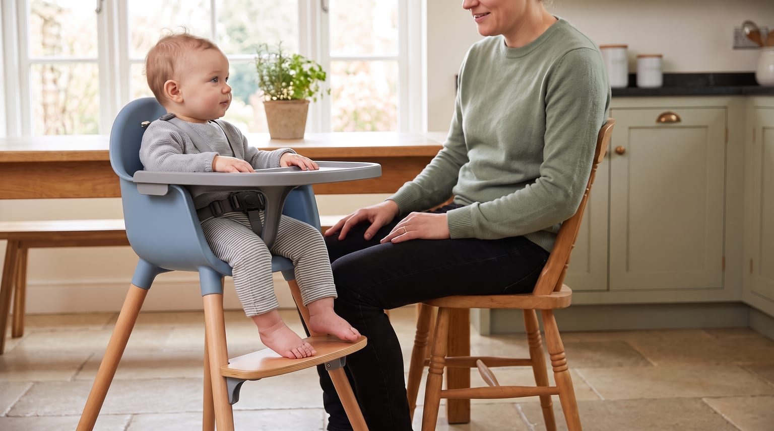 An alert baby sits upright in a high chair with their feet supported on the footrest and an adult seated nearby.
