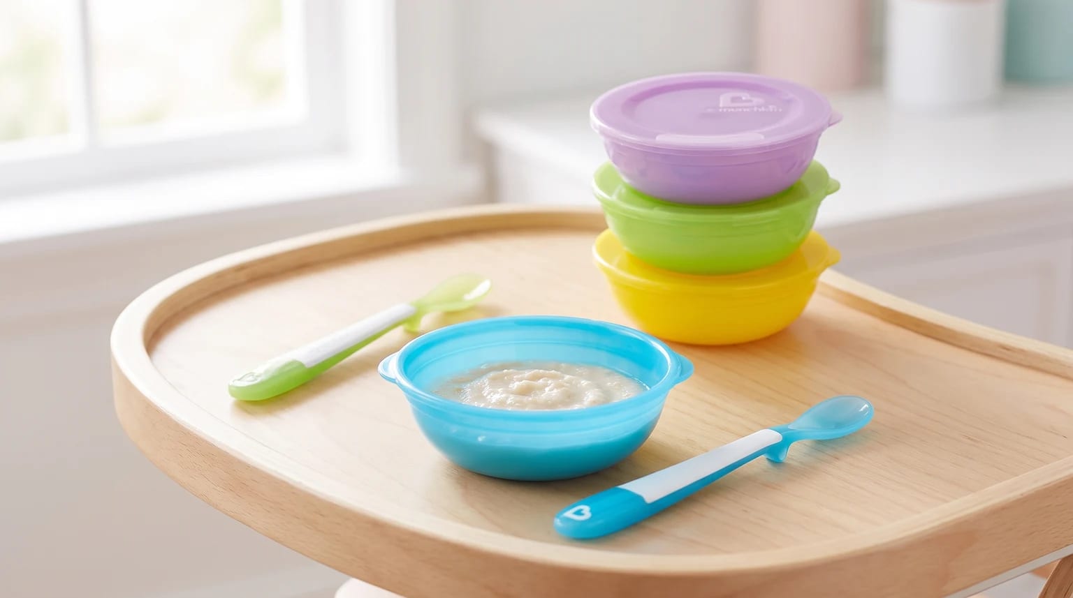 A blue baby bowl filled with purée sits on a wooden highchair tray, with a stack of colourful lidded bowls and matching spoons nearby.