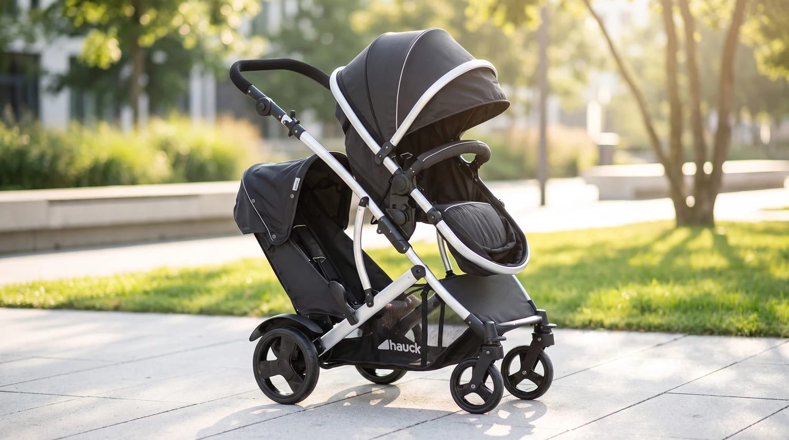 A black and silver tandem pushchair parked on a sunny pavement in a park, with the top seat configured as a pram.