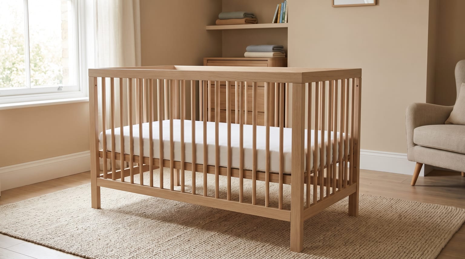 An empty four-sided wooden cot with raised slatted sides, a firm, flat mattress and a fitted sheet.