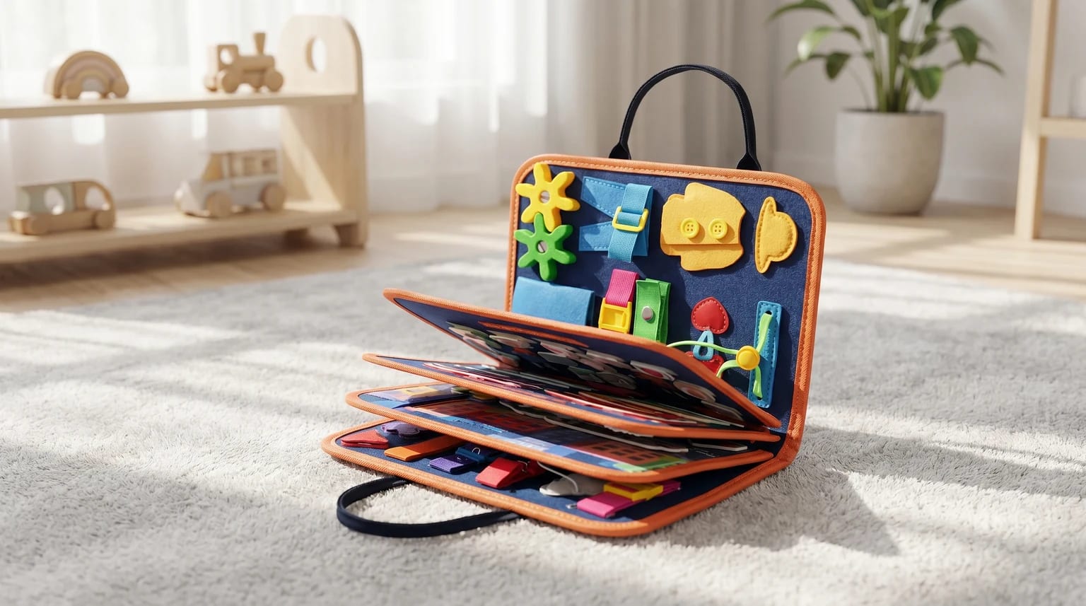 A blue and orange felt busy board stands open on a fluffy grey carpet in a child's playroom, showing pages with colourful sensory activities like buckles and buttons.