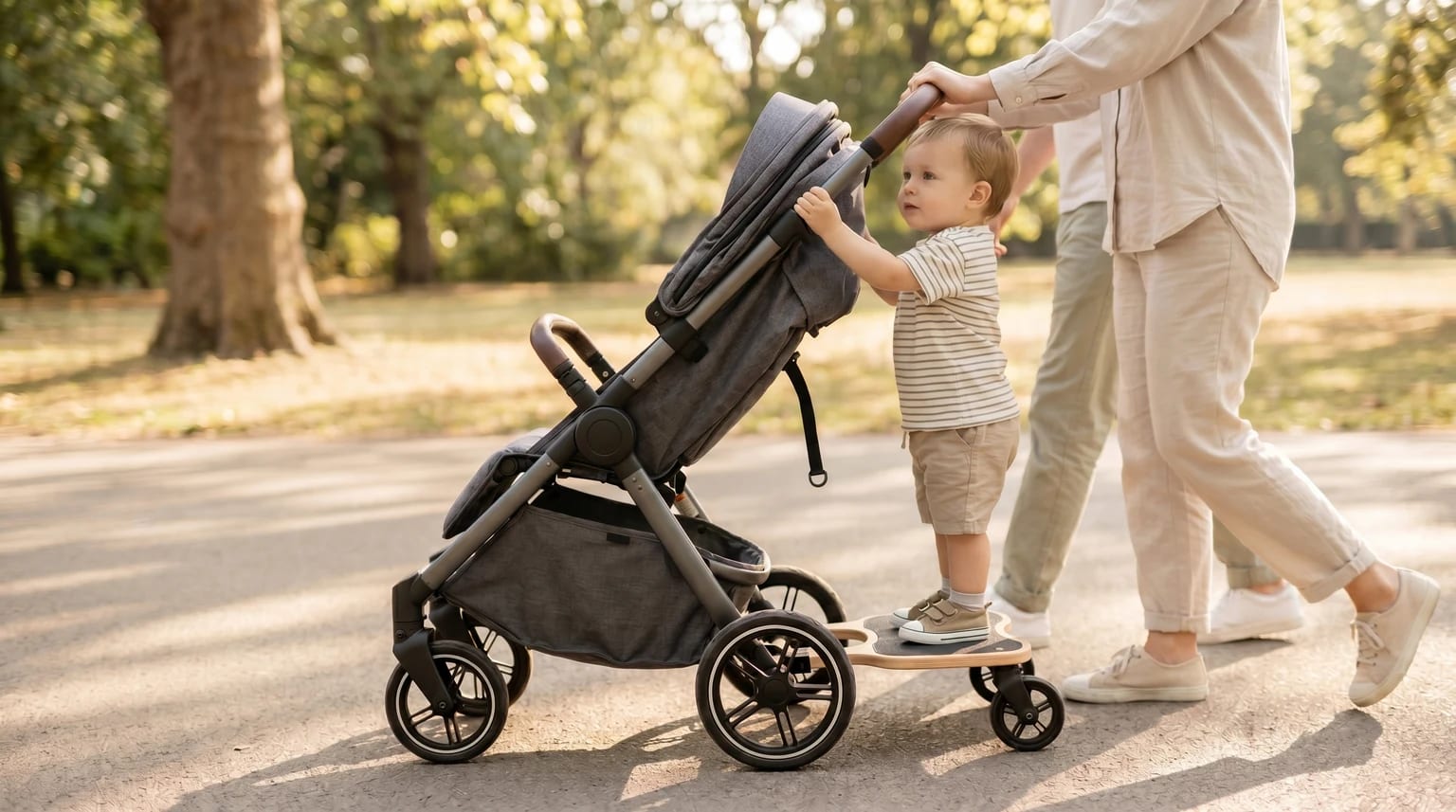 A toddler stands on a buggy board attached to a grey pushchair, pushed by a parent along a sunny park path.